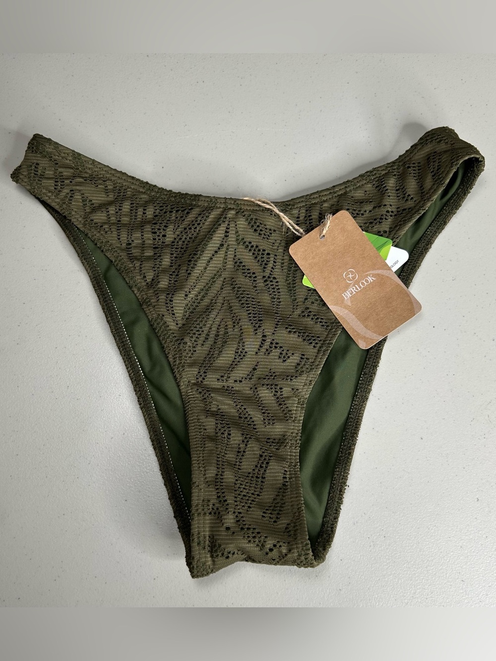 Berlook Bikini Bottom Small Army Green V Cut Crochet Women’s Swimwear New